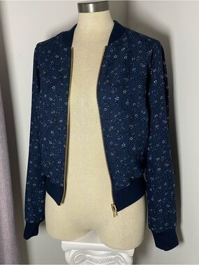 kate spade Reversible Bomber Jacket Navy Blue Micro Flowers Print